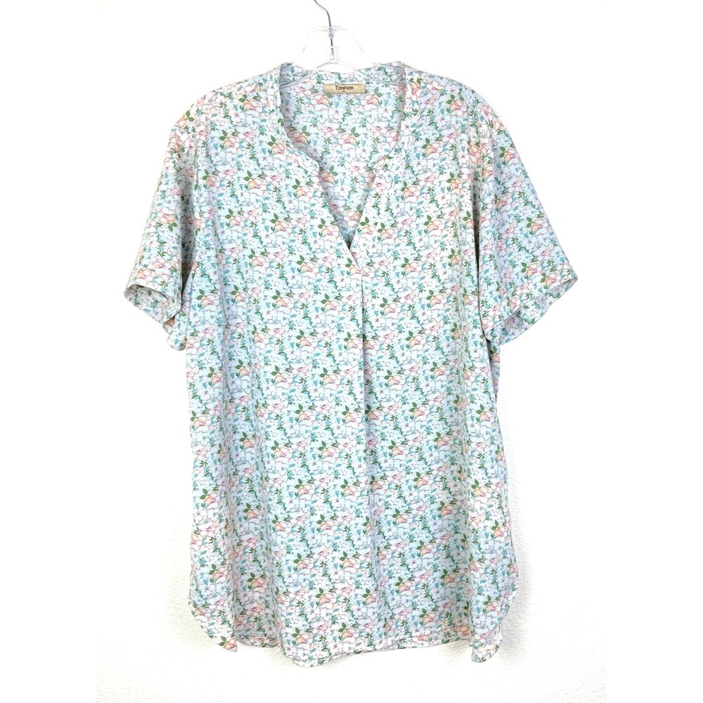 Timeson Women's V-Neck Blouse Size XL Pastel Green Orange Floral Cottage